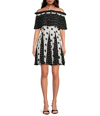 Lucy Paris Petite Size Nutini Polka Dot Off-the-Shoulder A-Line Mini Dress