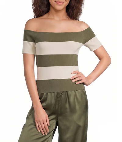 Lucy Paris Petite Size Tika Striped Off-The-Shoulder Short Sleeve Ribbed Knit Top