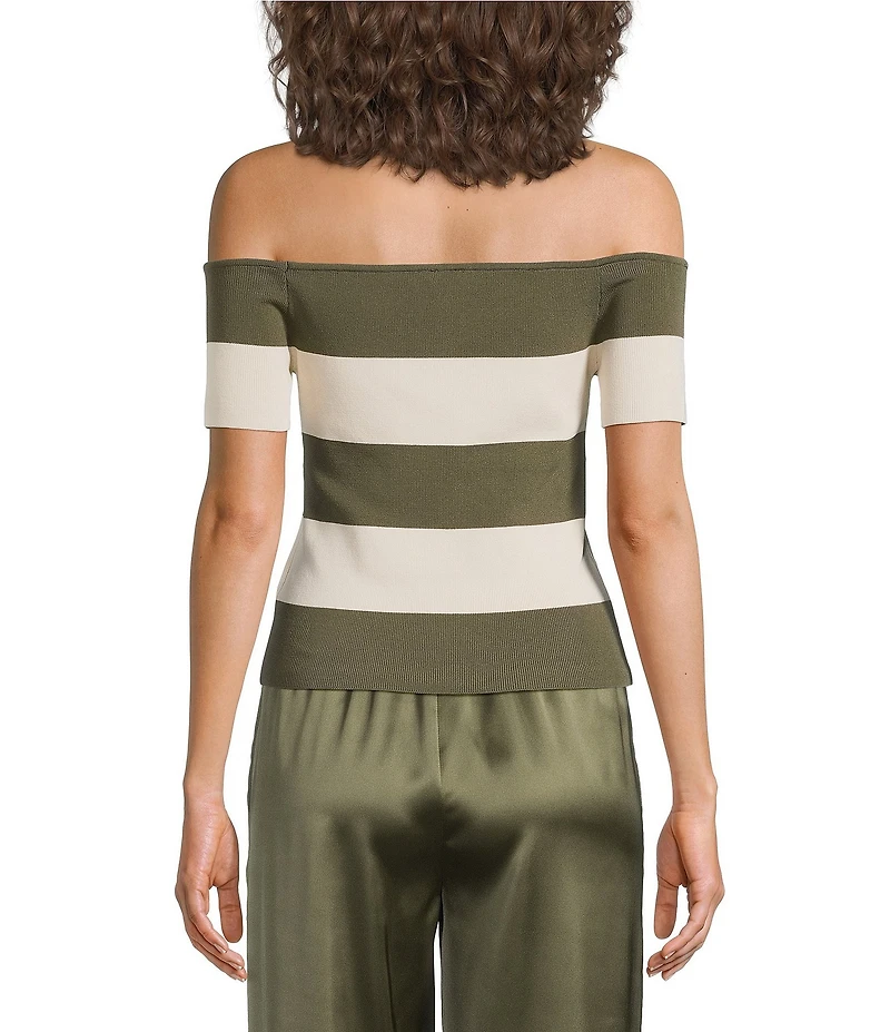 Lucy Paris Petite Size Tika Striped Off-The-Shoulder Short Sleeve Ribbed Knit Top