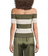 Lucy Paris Petite Size Tika Striped Off-The-Shoulder Short Sleeve Ribbed Knit Top