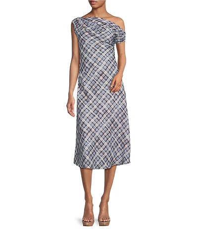 Lucy Paris Plaid Print Asymmetrical Neck Sleeveless Midi Dress
