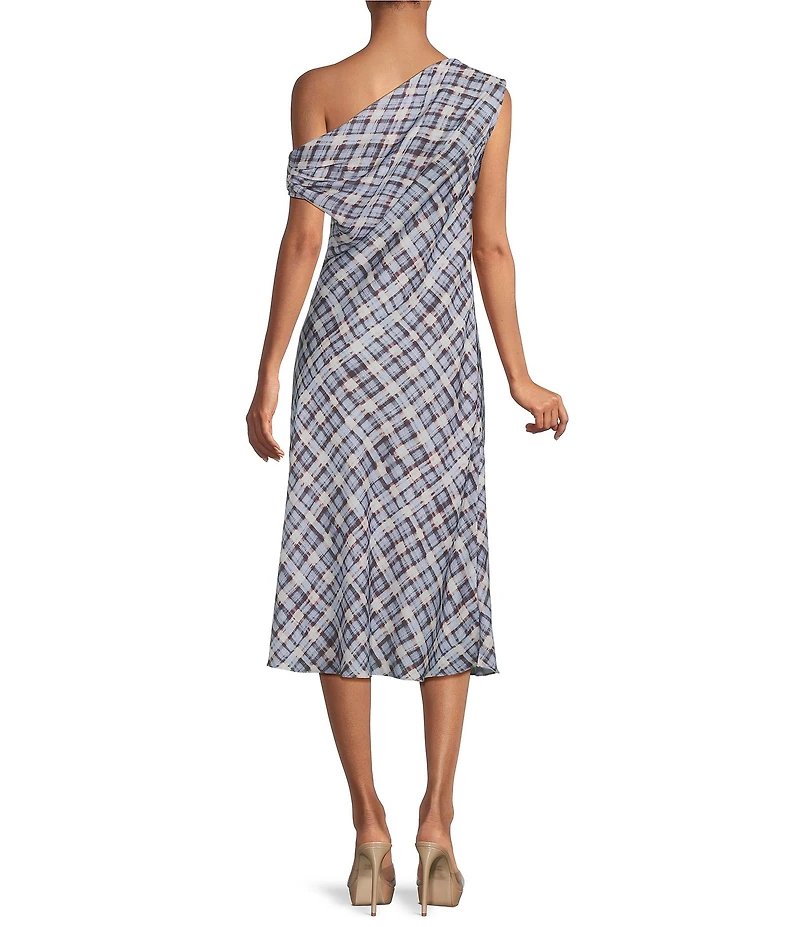 Lucy Paris Plaid Print Asymmetrical Neck Sleeveless Midi Dress