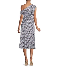 Lucy Paris Plaid Print Asymmetrical Neck Sleeveless Midi Dress