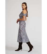 Lucy Paris Plaid Print Asymmetrical Neck Sleeveless Midi Dress