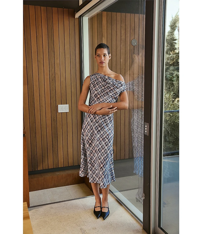 Lucy Paris Plaid Print Asymmetrical Neck Sleeveless Midi Dress