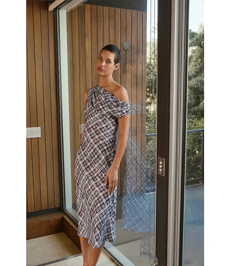 Lucy Paris Plaid Print Asymmetrical Neck Sleeveless Midi Dress