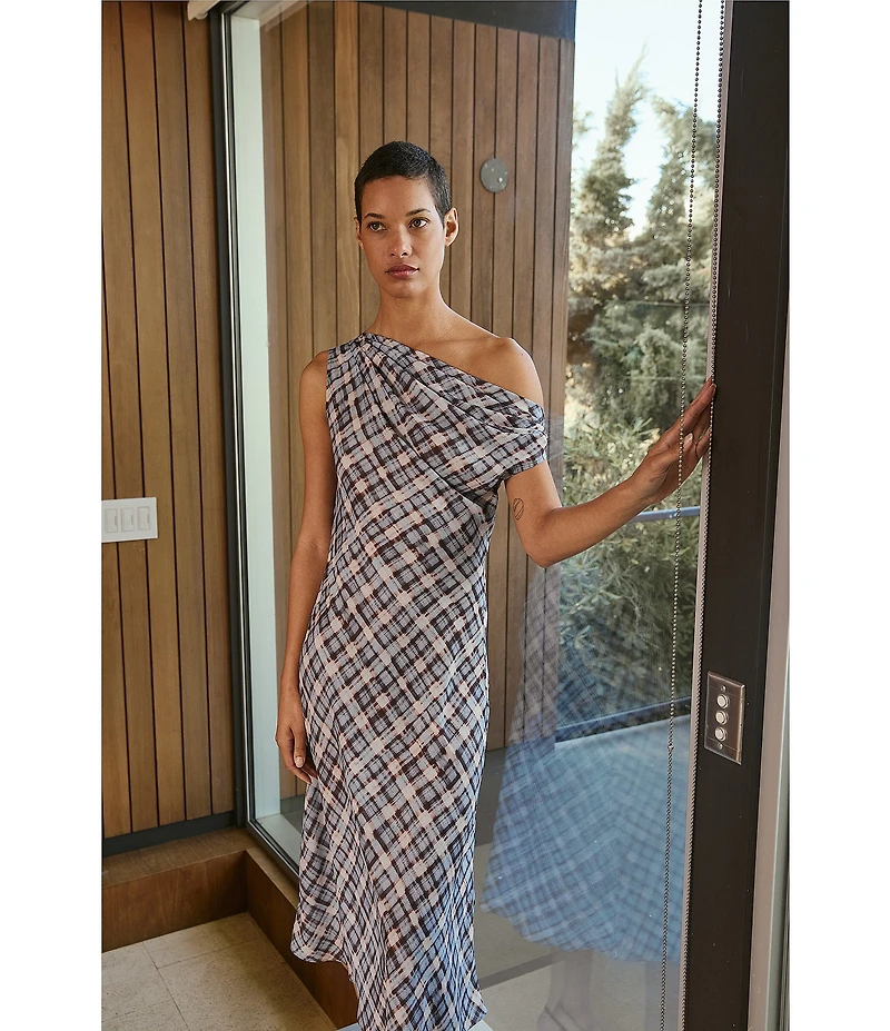 Lucy Paris Plaid Print Asymmetrical Neck Sleeveless Midi Dress