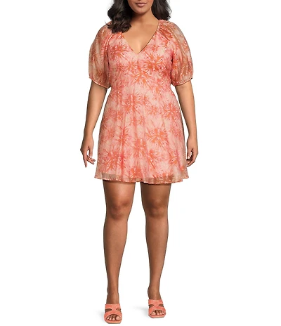 Lucy Paris Plus Azalea Printed V-Neck Short Puff Sleeve Mini Dress