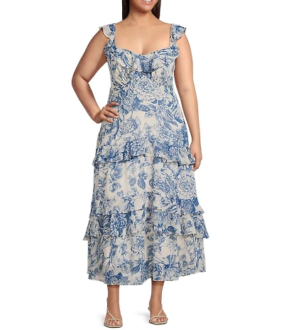 Lucy Paris Plus Cassandra Sleeveless Floral-Printed Ruffle-Tier-Skirted Long Dress