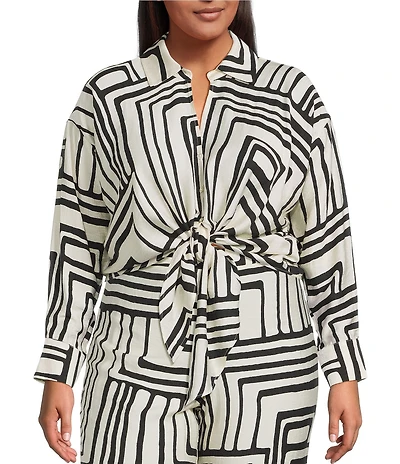 Lucy Paris Plus Rue Button Down Tie Front Printed Coordinating Blouse