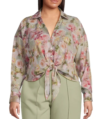 Lucy Paris Plus Rue Floral Printed Long Sleeve Tie Front Top