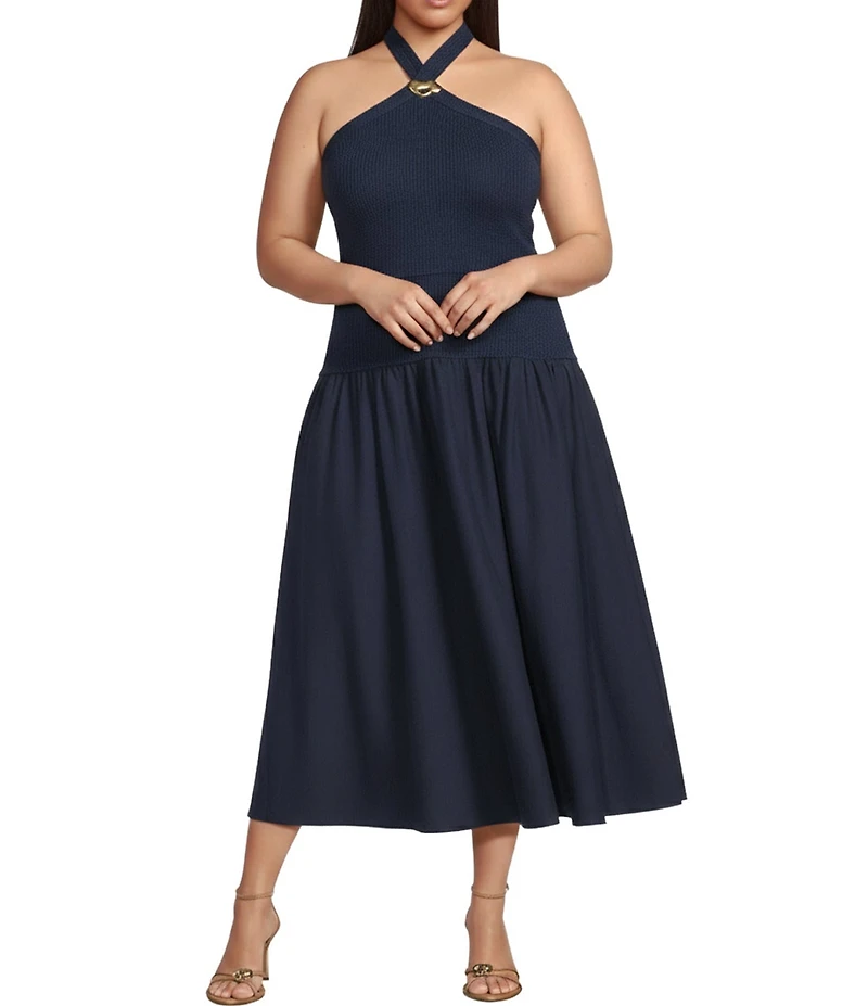 Lucy Paris Plus Size Areella Halter Neck Sleeveless Mixed Media Midi Dress