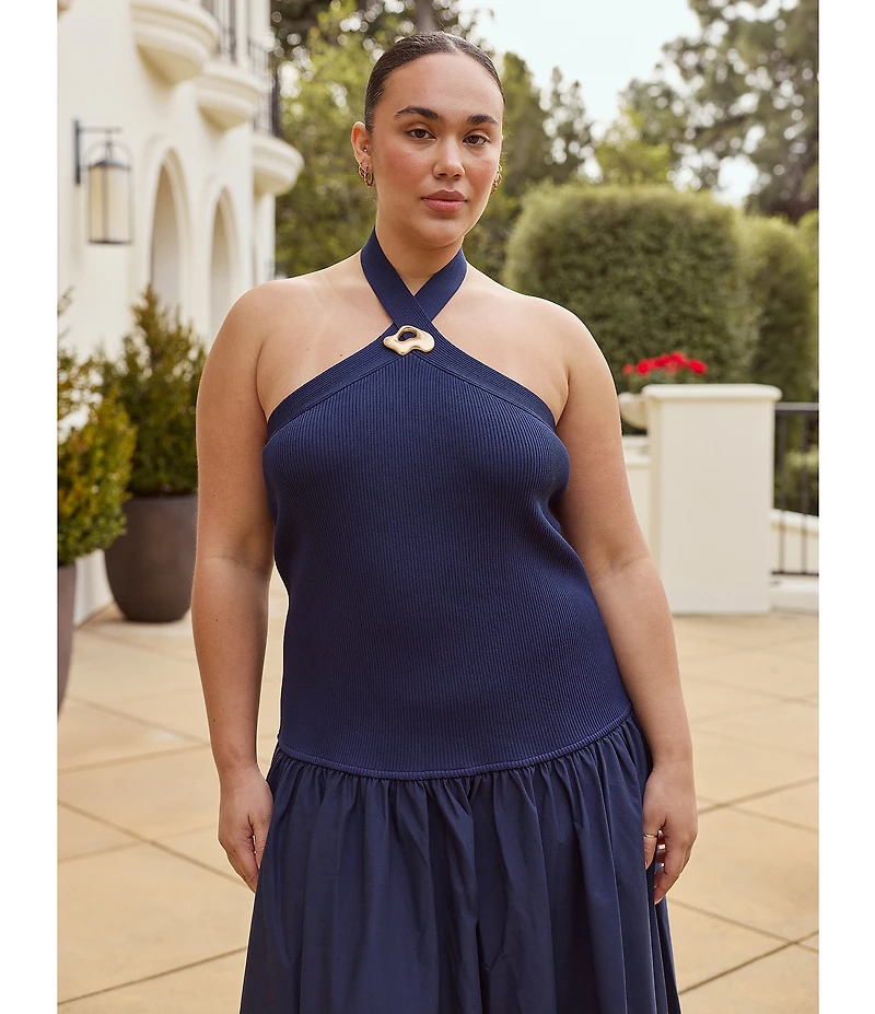 Lucy Paris Plus Size Areella Halter Neck Sleeveless Mixed Media Midi Dress