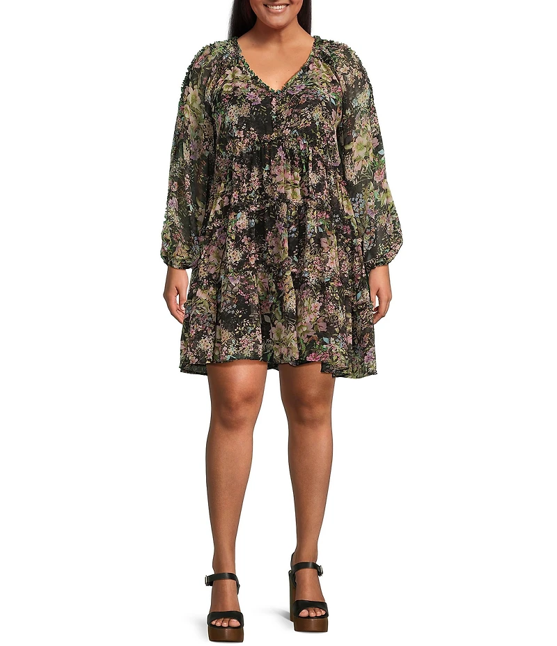 Lucy Paris Plus Size Carmina Floral Printed Long Sleeve Tiered Fit-And-Flare Dress