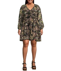 Lucy Paris Plus Size Carmina Floral Printed Long Sleeve Tiered Fit-And-Flare Dress