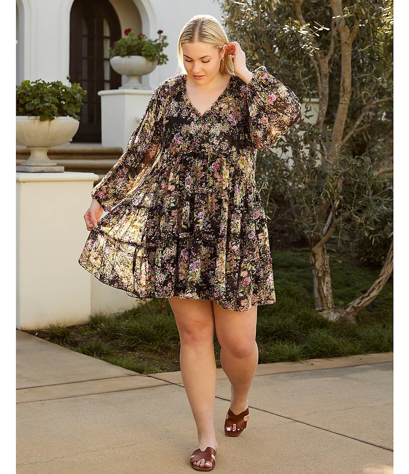 Lucy Paris Plus Size Carmina Floral Printed Long Sleeve Tiered Fit-And-Flare Dress