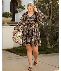 Lucy Paris Plus Size Carmina Floral Printed Long Sleeve Tiered Fit-And-Flare Dress