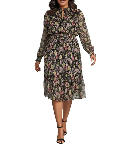 Lucy Paris Plus Size Dallas Floral Print V-Neck Long Sleeve Midi Dress