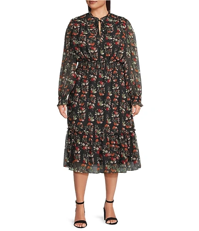 Lucy Paris Plus Size Dallas Floral V-Neck Long Sleeve Chiffon Midi Dress