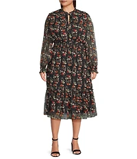 Lucy Paris Plus Size Dallas Floral V-Neck Long Sleeve Chiffon Midi Dress