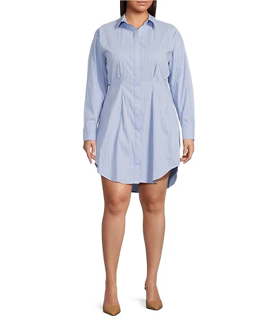 Lucy Paris Plus Size Darma Striped Point Collar Long Sleeve Button Closure Mini Dress