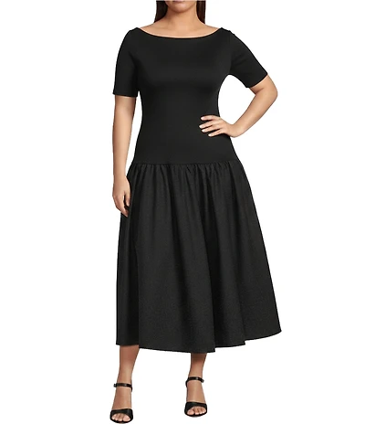 Lucy Paris Plus Size Delilah Scoop Neck Elbow Sleeve Mixed Media Midi Dress