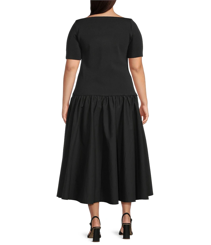 Lucy Paris Plus Size Delilah Scoop Neck Elbow Sleeve Mixed Media Midi Dress