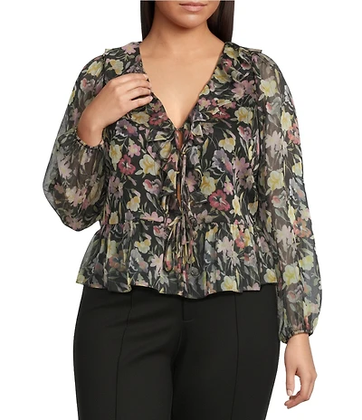 Lucy Paris Plus Size Floral Printed V-Neck Long Sleeve Ruffle Top