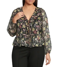 Lucy Paris Plus Size Floral Printed V-Neck Long Sleeve Ruffle Top