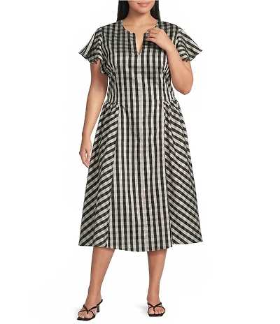 Lucy Paris Plus Size Ginger Gingham Print Split V-Neck Short Sleeve A-Line Midi Dress