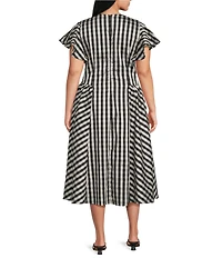 Lucy Paris Plus Size Ginger Gingham Print Split V-Neck Short Sleeve A-Line Midi Dress