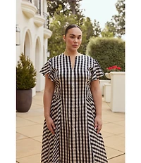 Lucy Paris Plus Size Ginger Gingham Print Split V-Neck Short Sleeve A-Line Midi Dress