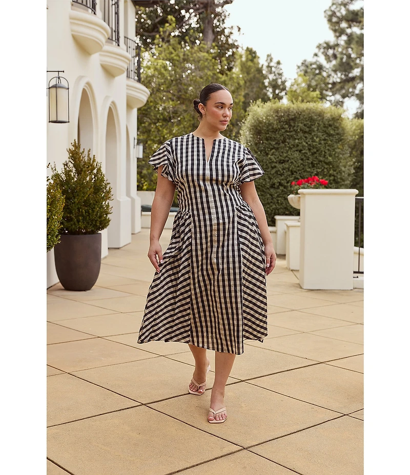 Lucy Paris Plus Size Ginger Gingham Print Split V-Neck Short Sleeve A-Line Midi Dress