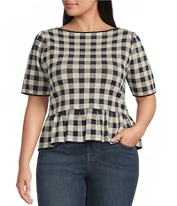 Lucy Paris Plus Size Gingham Print Scoop Neck Short Sleeve Peplum Top