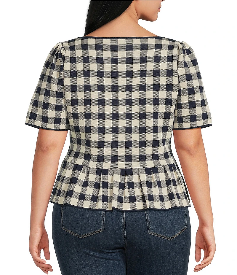 Lucy Paris Plus Size Gingham Print Scoop Neck Short Sleeve Peplum Top