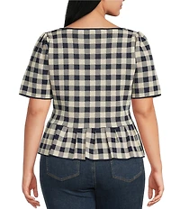Lucy Paris Plus Size Gingham Print Scoop Neck Short Sleeve Peplum Top