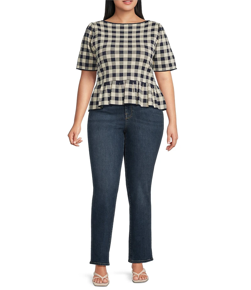 Lucy Paris Plus Size Gingham Print Scoop Neck Short Sleeve Peplum Top