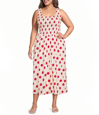 Lucy Paris Plus Size Hazel Dot Printed Square Neck Sleeveless Fit and Flare Smocked Poplin Midi Dess