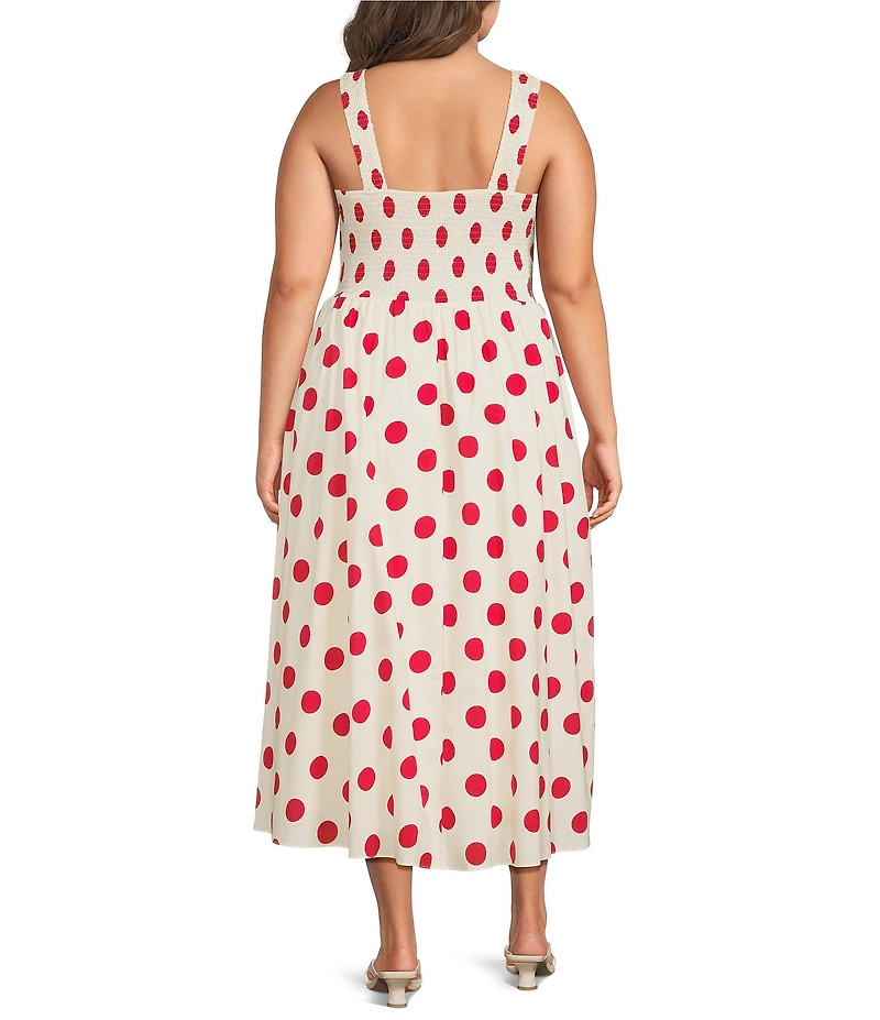 Lucy Paris Plus Size Hazel Dot Printed Square Neck Sleeveless Fit and Flare Smocked Poplin Midi Dess