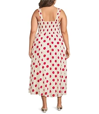 Lucy Paris Plus Size Hazel Dot Printed Square Neck Sleeveless Fit and Flare Smocked Poplin Midi Dess
