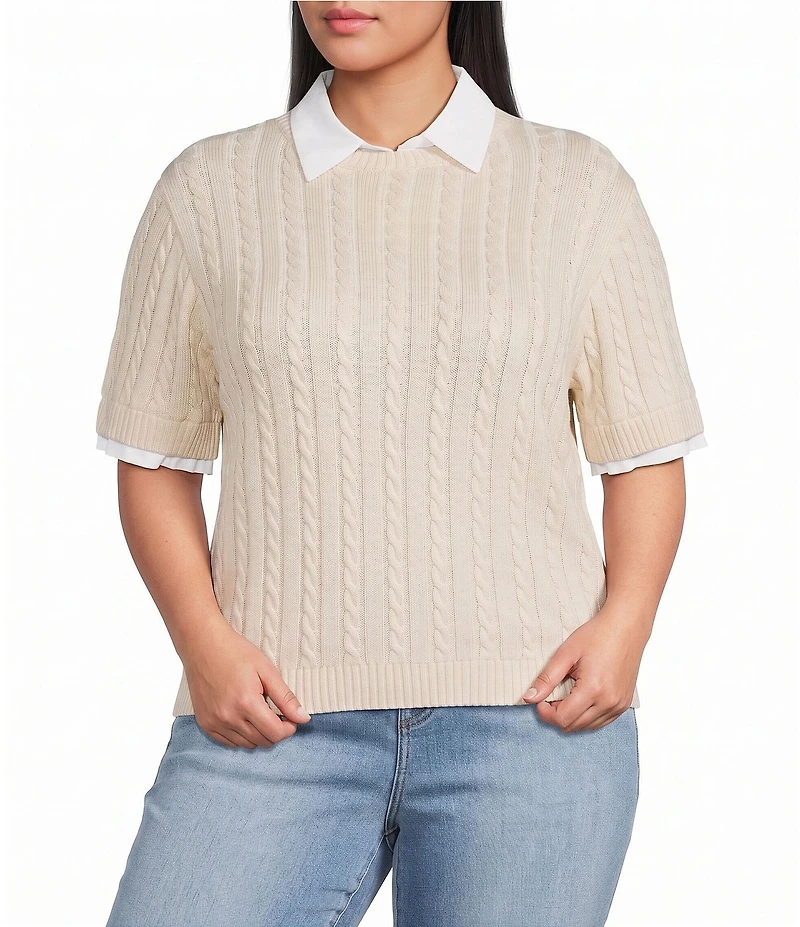 Lucy Paris Plus Size Kenny Rib Polo Collar Short Sleeve Sweater