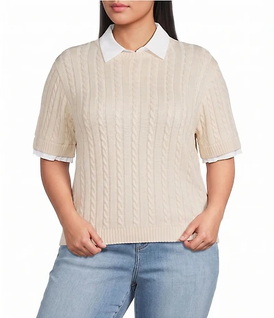 Lucy Paris Plus Size Kenny Rib Polo Collar Short Sleeve Sweater