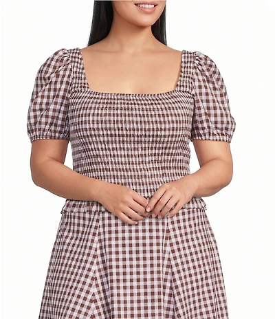 Lucy Paris Plus Size Kit Gingham Print Square Neck Short Sleeve Smocked Coordinating Top