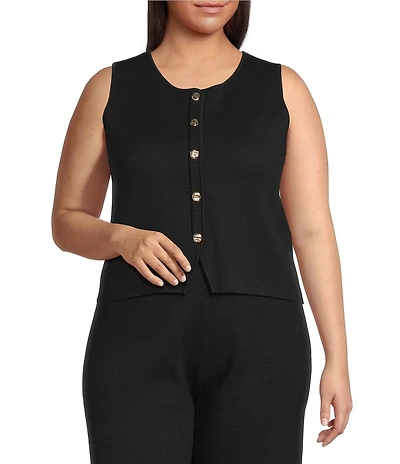Lucy Paris Plus Size Knit Crew Neckline Sleeveless Button Front Vest
