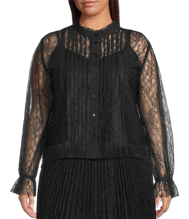 Lucy Paris Plus Size Lizette Lace Ruffle Mock Neck Long Sleeves Button Front Blouse