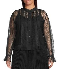 Lucy Paris Plus Size Lizette Lace Ruffle Mock Neck Long Sleeves Button Front Blouse