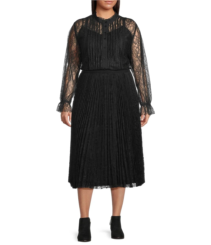 Lucy Paris Plus Size Lizette Lace Ruffle Mock Neck Long Sleeves Button Front Blouse