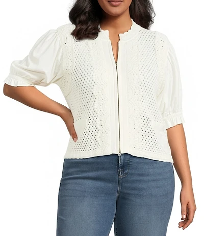 Lucy Paris Plus Size Lydia Crochet Round Neck Short Sleeve Zip Up Jacket Top