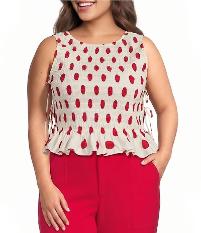 Lucy Paris Plus Size Maeve Polka Dot Boat Neck Sleeveless Smocked Poplin Top