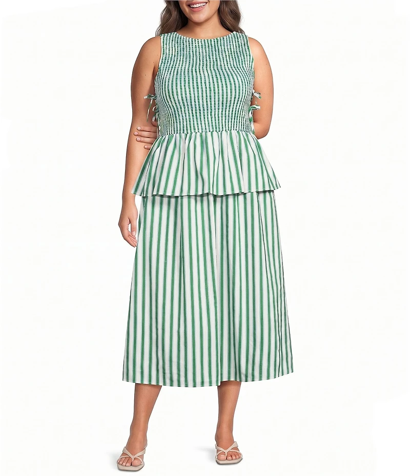 Lucy Paris Plus Size Merrit Striped Boat Neck Sleeveless Peplum Smocked Midi Dress